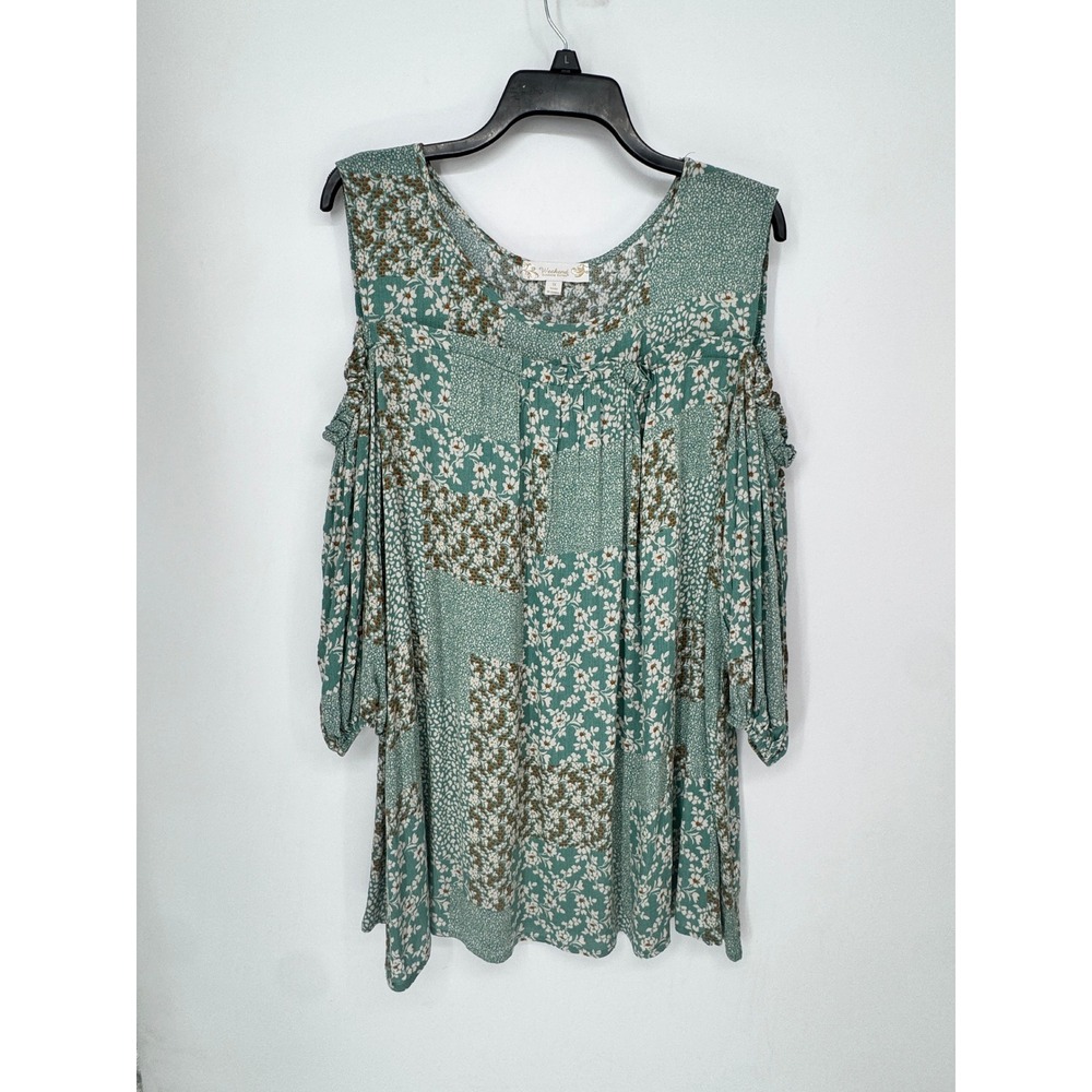 Weekend Suzanne Betro Tunic Womens 1X Green Excellent Cold Shoulder Floral Boho
